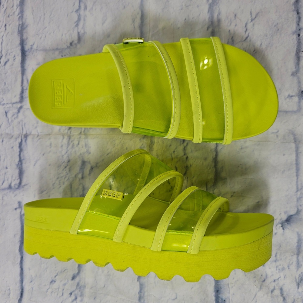 Reef Vista Hi Platform Slides Womens 6 Neon Yellow Lime Clear Straps Sandals